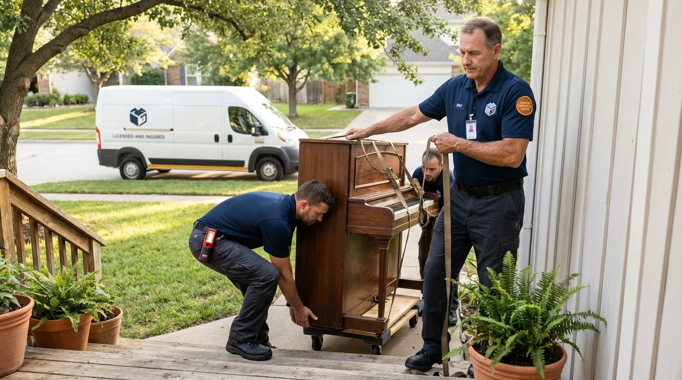 Licensed piano movers securing grand piano in Chesterton, IN