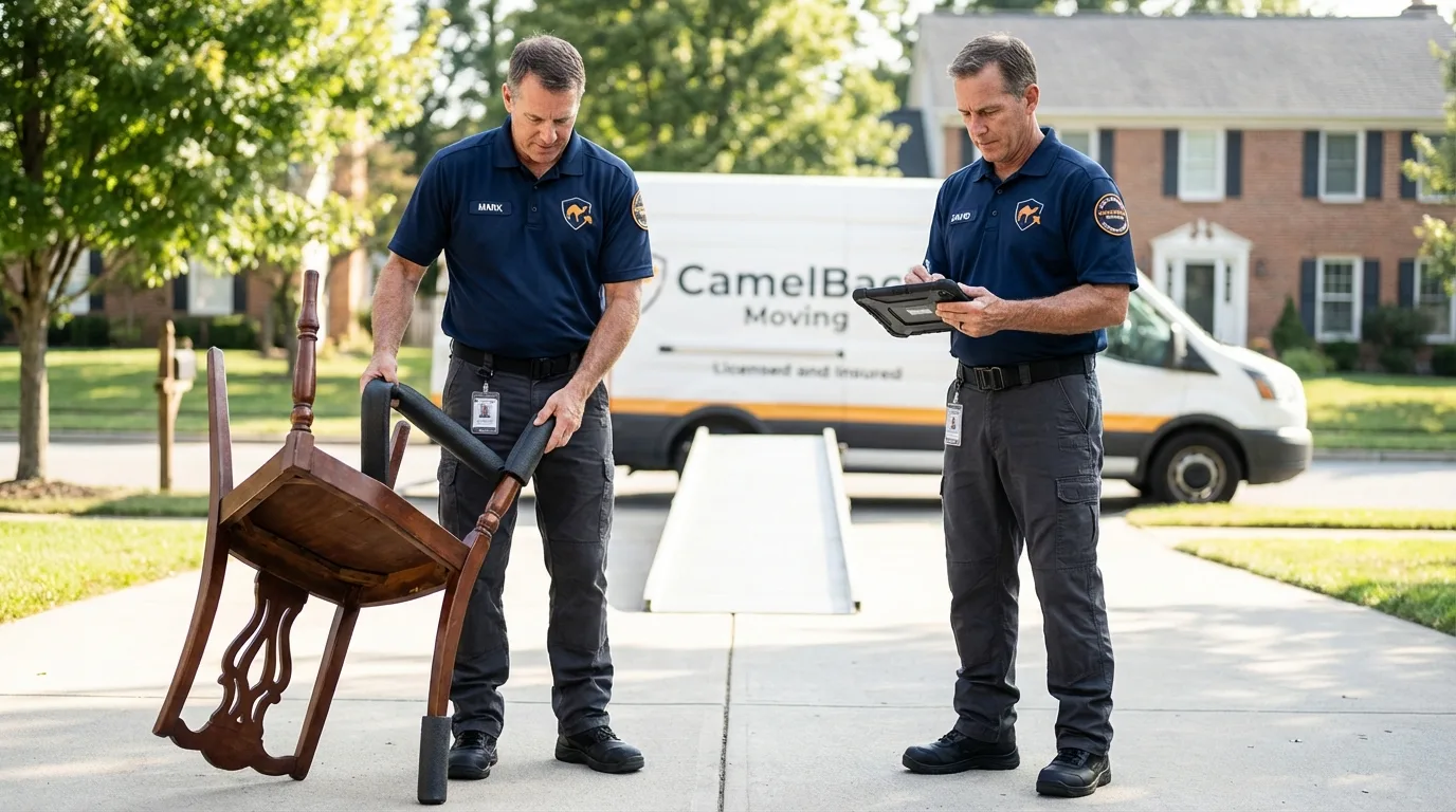 Movers inspecting furniture for damage prevention before loading in Chesterton, IN