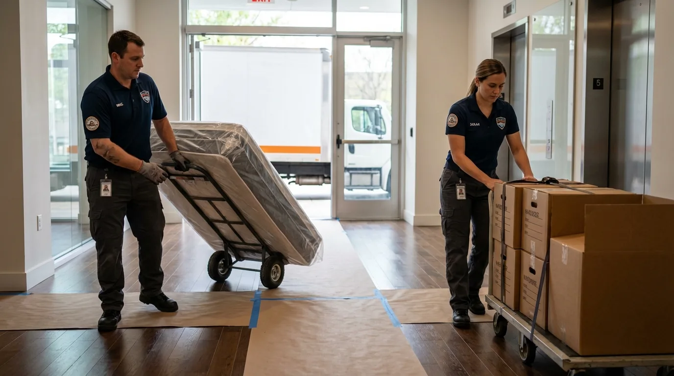 Professional apartment movers loading elevator in Chesterton, IN